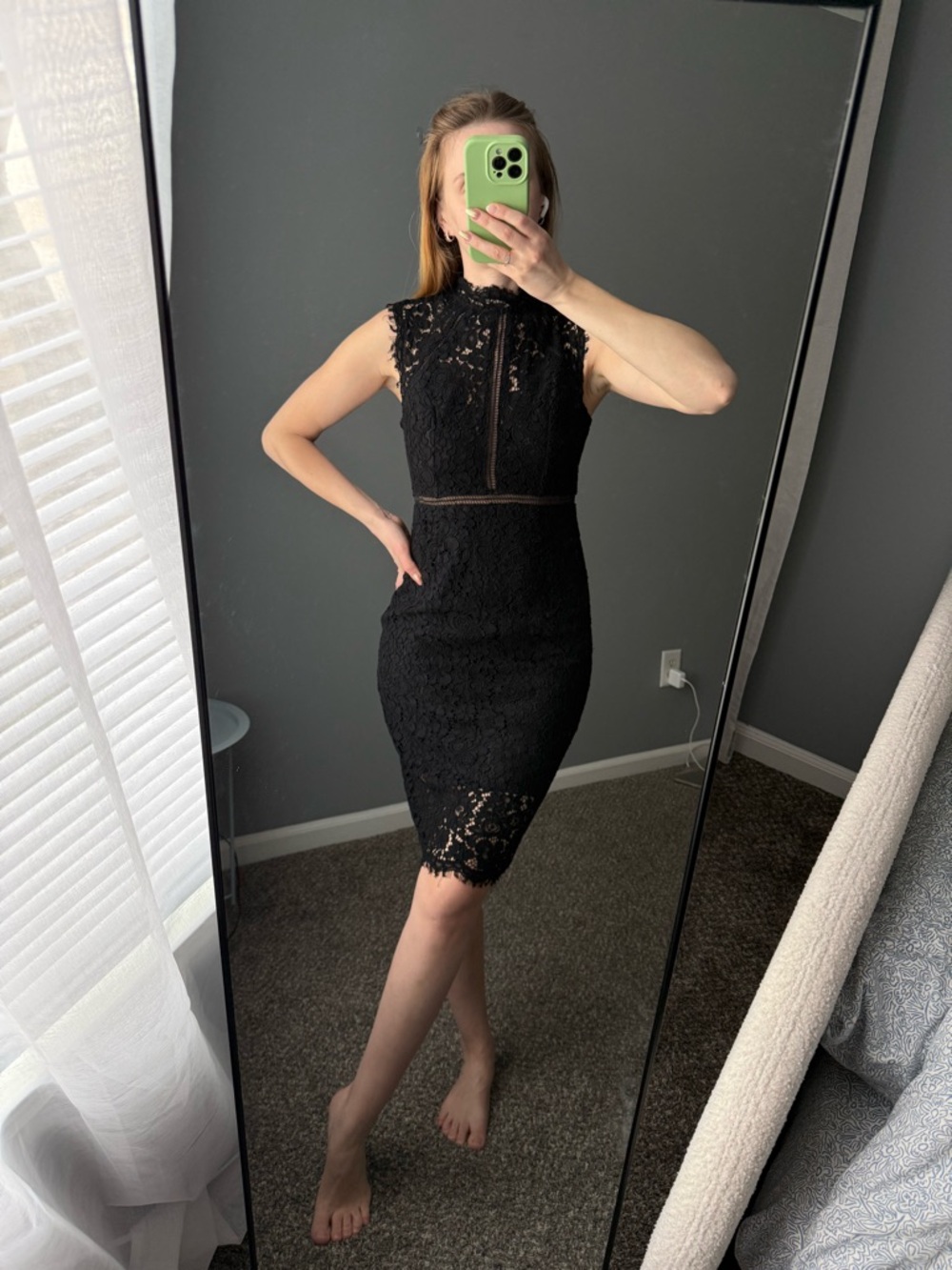 Bardot Black Lace Dress High Neck Bodycon Midi Cocktail Party US 6 S